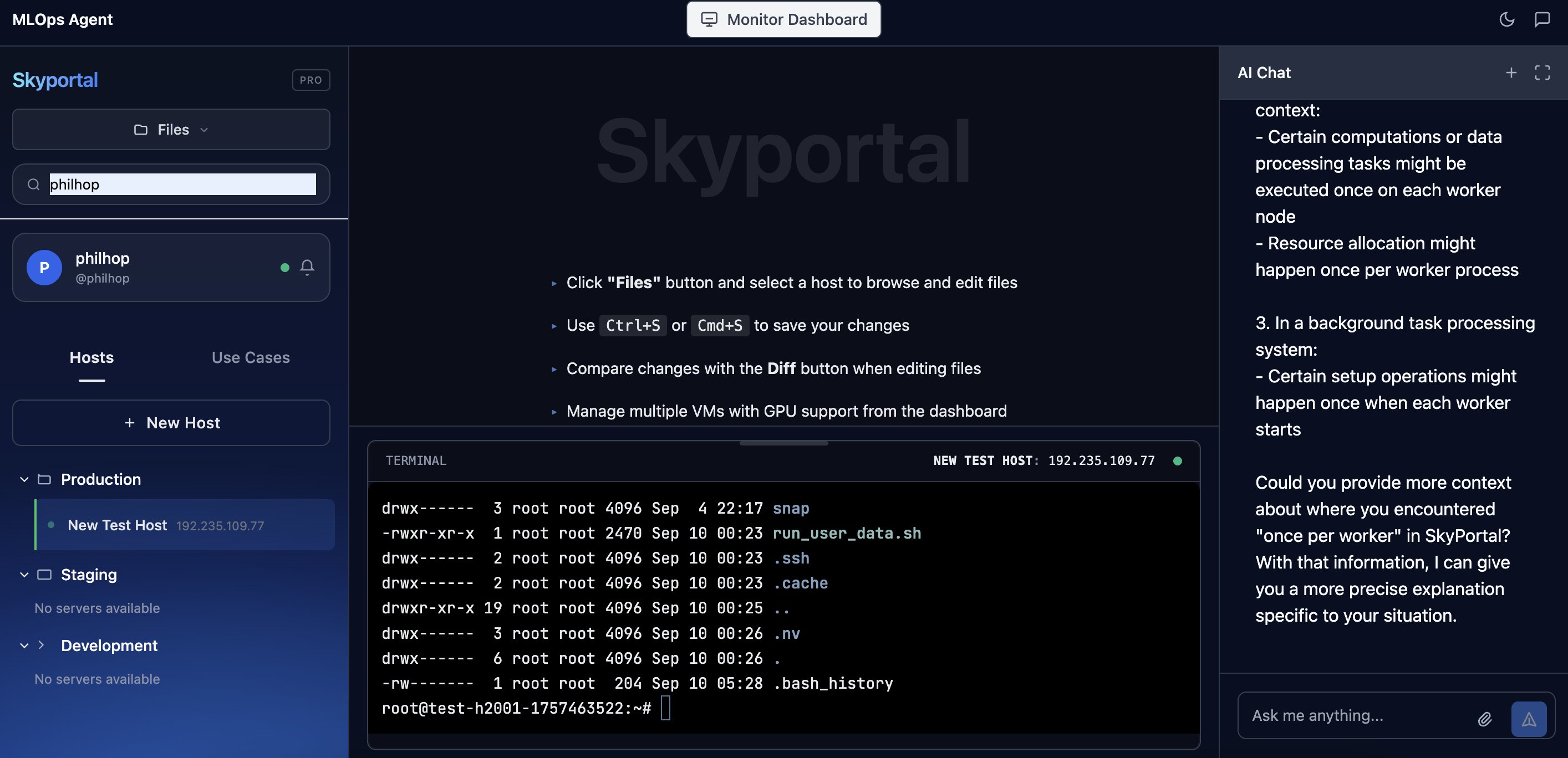 Skyportal application UI showing a terminal and an AI chat interface