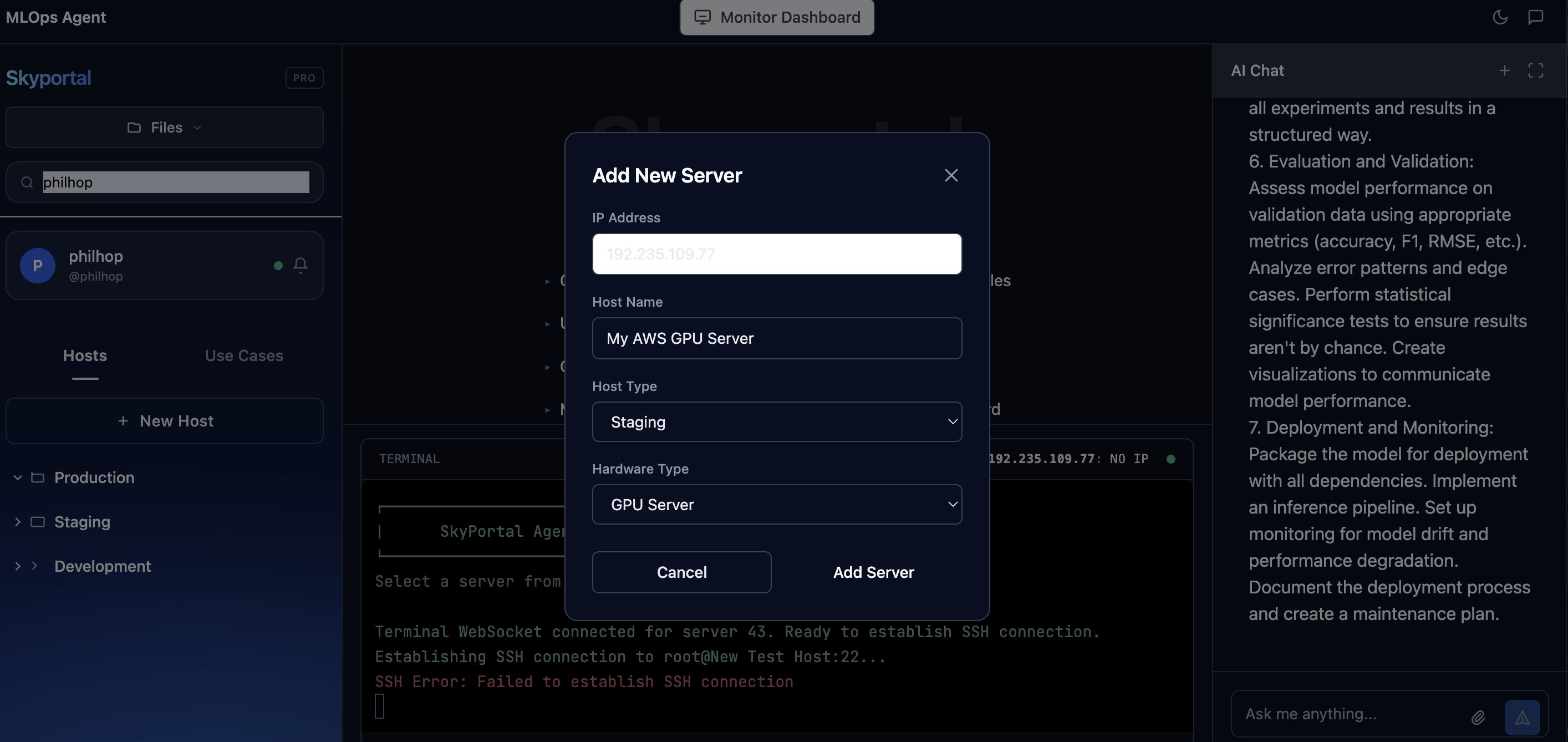 Skyportal application UI showing how to add a new server