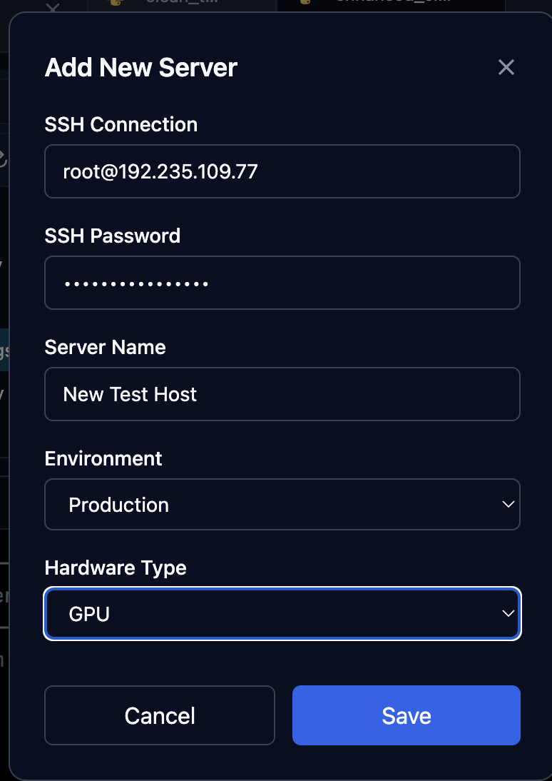 A modal window for adding a new server, with fields for SSH connection, server name, and hardware type